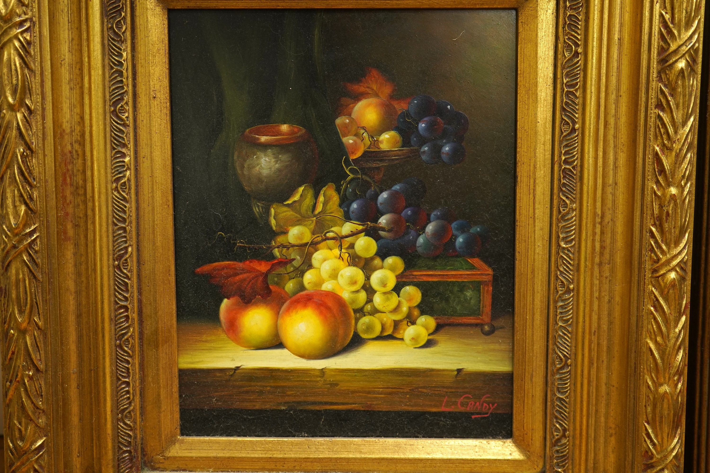 L Candy, Old Master style, Still lifes of fruit and vessels, set of four decorative oils on board, each 25 x 19cm, ornate gilt frames